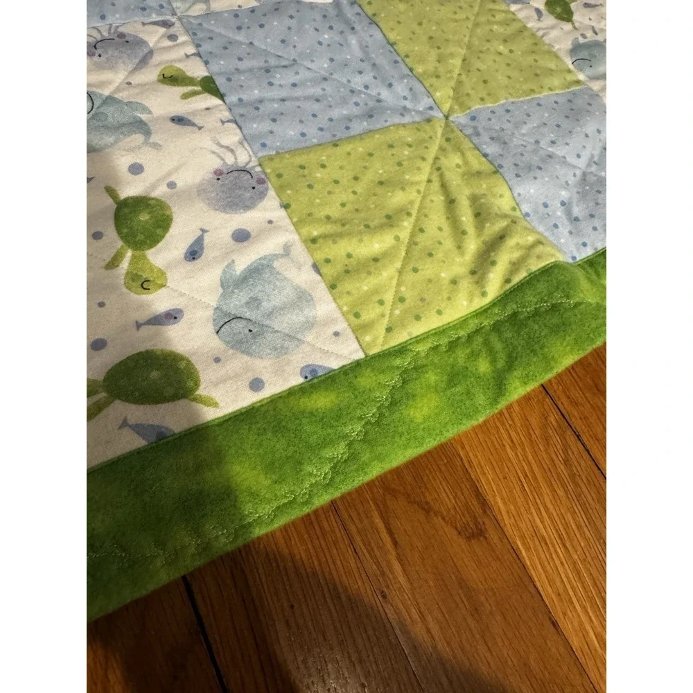 Handmade Baby Quilt Crib Blanket Patchwork Sea Life Blue Green Turtles Jellyfish